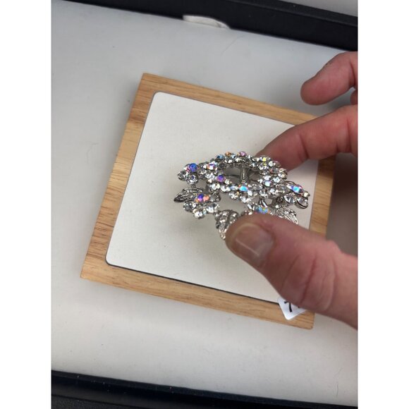 Vintage Aurora Borealis Rhinestone Flower Brooch Silver-Tone 2" Diameter - Picture 6 of 8